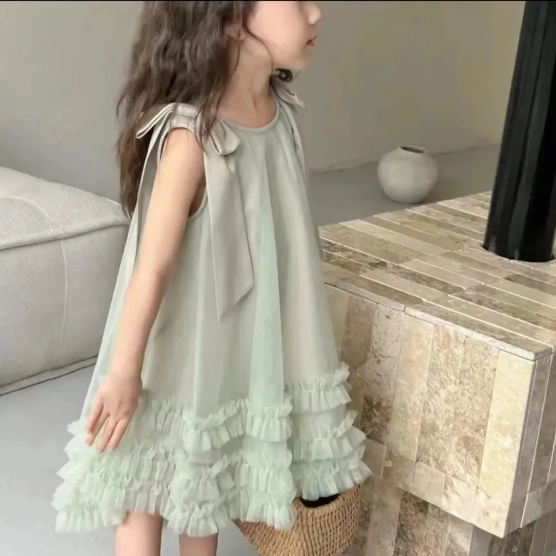 Baby Girls Dress 2024 Summer New Foreign Style Childrens Pommel Dress Super Fairy Bow Halter Princess Simple Casual Skirt