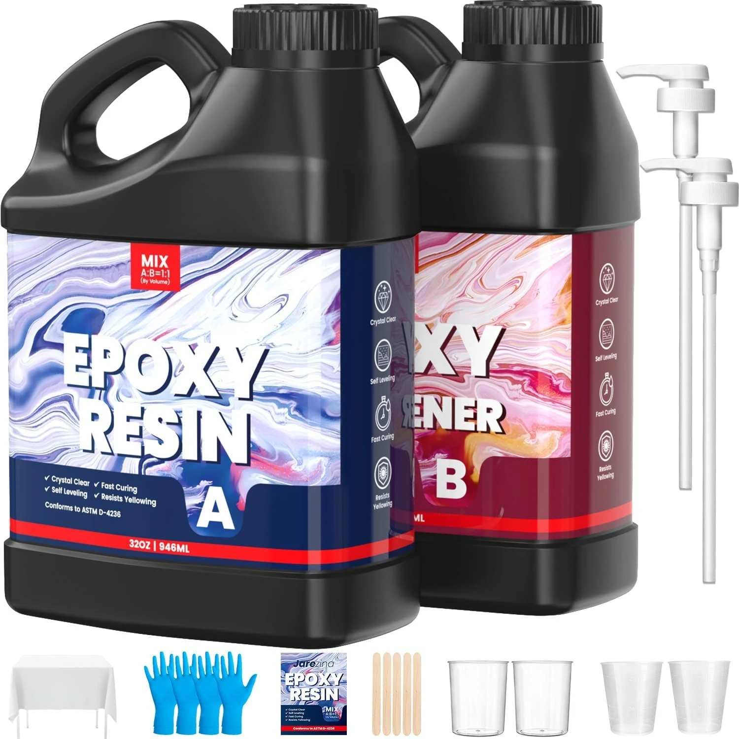 

64OZ Epoxy Resin Kit,Crystal Clear Epoxy Resin-Strong and No Bubble,Not Yellowing,Self Leveling Easy Mix 1:1 Suitable