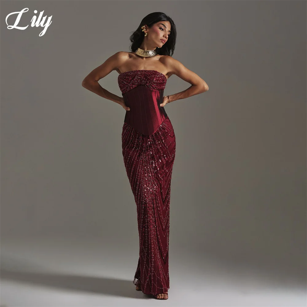 Lily Burgundy Gorgeous Evening Gown Beaded Mermaid Prom Dress Floor Length Wedding Dress Strapless robes de soirée Customized