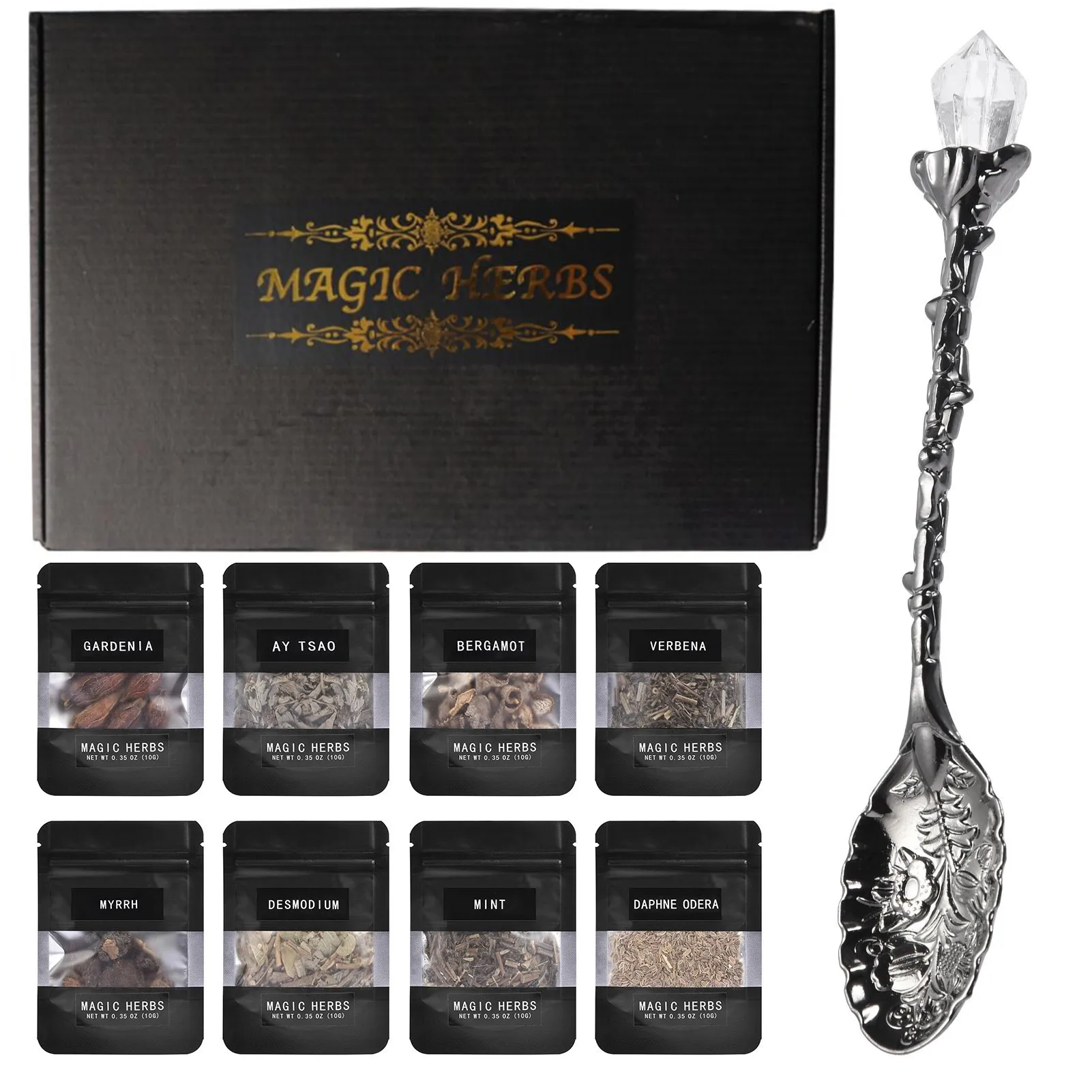 30 Herbs Witchcraft Kit Dried Herb Kit with Crystal Spoon Magic Witch Toolkit Dried Flower Witchcraft Supplies Christmas Gift