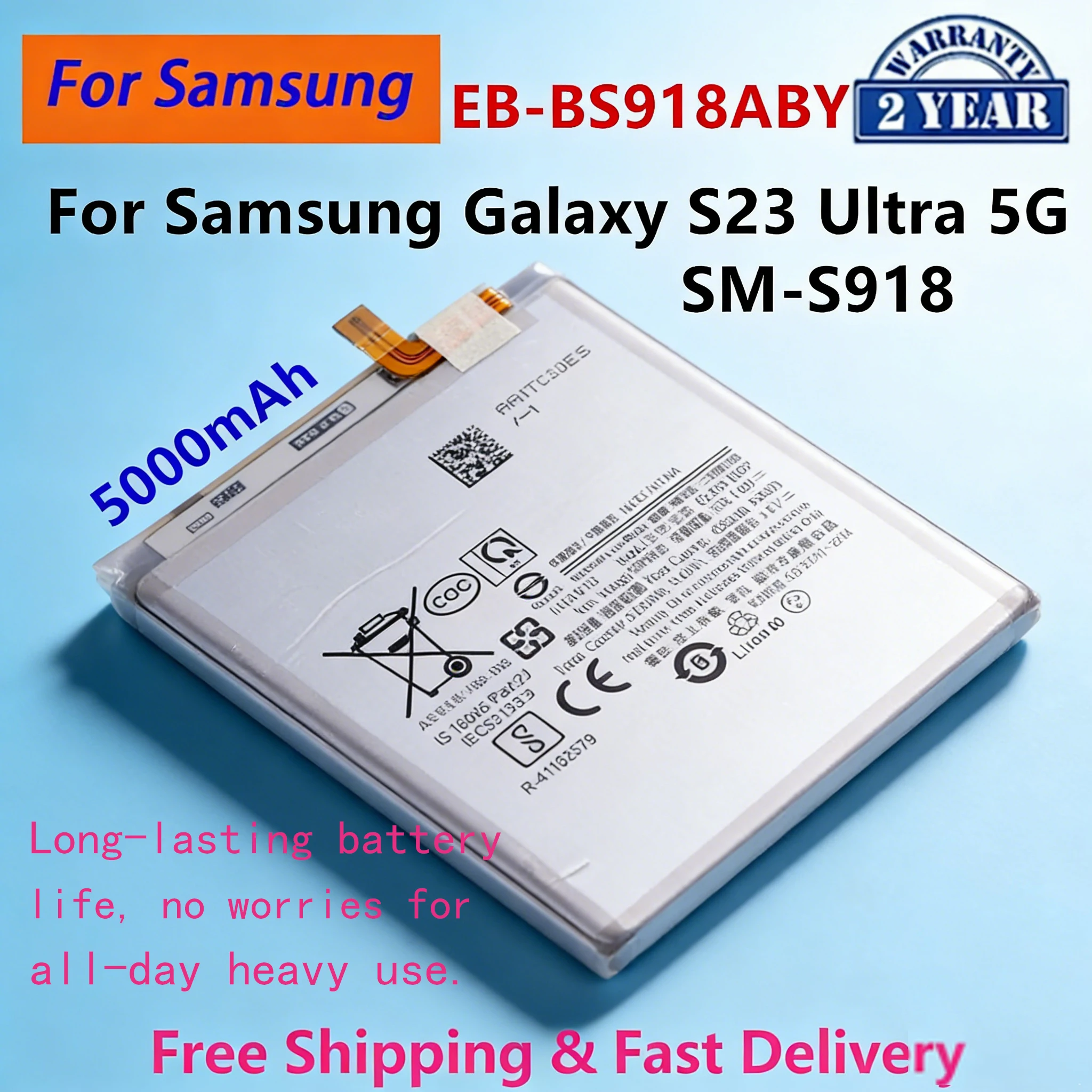 

EB-BS918ABY 5000mAh Original Capacity Battery for Samsung S23 Ultra 5G SM-S918 Replacement Mobile Phone Internal Batteries