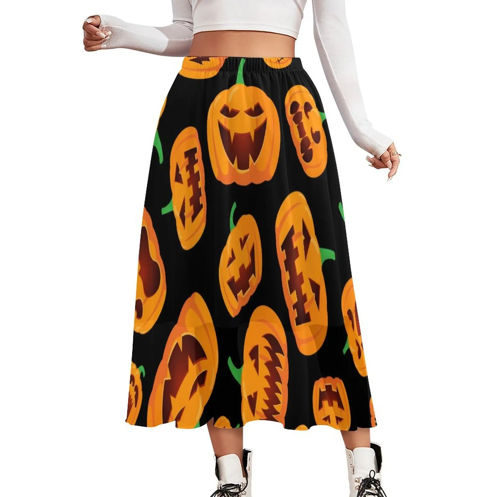 

Happy Haunts Skirt Funny Pumpkins Retro Long Skirts Summer Street Fashion Elastic Waist Chiffon Graphic Oversized A-line Skirt