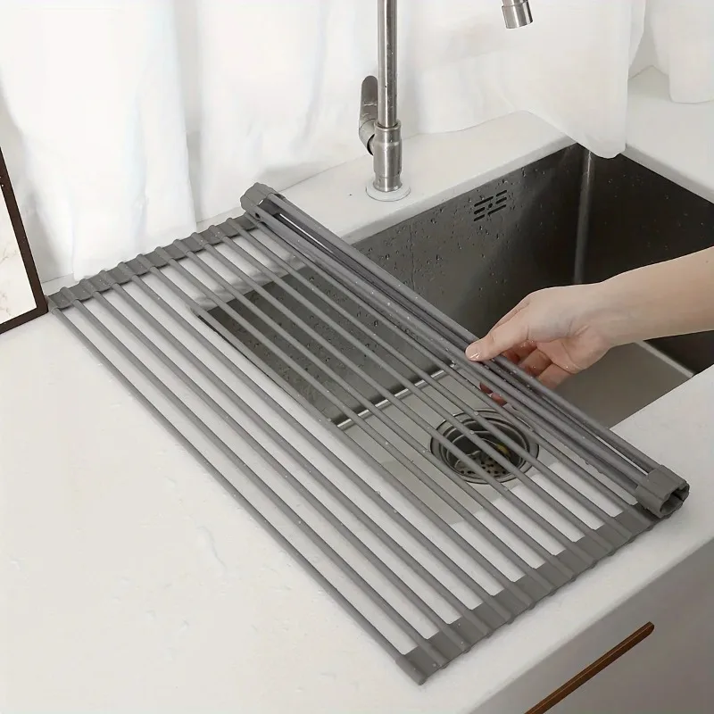 

Silicone Kitchen Sink Organizer Multifunctional Heat Resistant Dish Draining Mat, Roll-Up Vegetable Washing Pad & Storage Rack