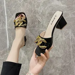 Summer Women's Sandals 2024 New One Line Belt High Heel Sandal Metal Decoration Fashion Comfortable Women's Shoes 6cm