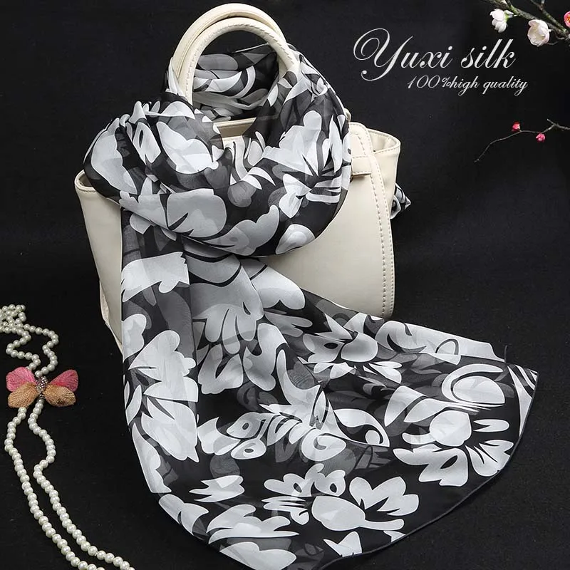 

High Quality Black and White Peony 100% Silk Long Scarf Shawl Women's Spring, Autumn Winter Summer