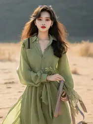 Elegant and Dignified Sense of Drape Green Long Sleeved Shirt Dress Women's Autumn Outfit New Early Autumn French Long Dresses