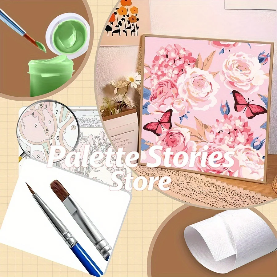 

Frameless, 1 Set DIY Digital Painting Kit, Pink Background Floral and Butterfly Pattern, Includes Full Set of Tools, Acrylic Oil