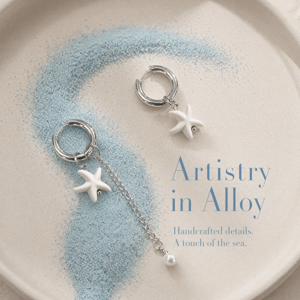 Creative Design Starfish Pendant Earrings Pendant Style Ocean Resort Style Starfish Earrings White Color Alloy