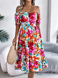 Elegant Contrast Color Floral Print Dress 2026 New Fashion Square Neck Short Sleeve Pleated Edge Dress for Women Spring Summer