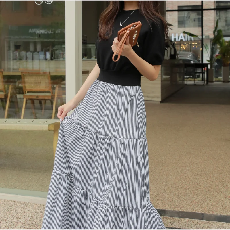 Autumn Korean Style Women's Dresses Loose Plus Size 4XL Hoodies T-Shirt Patchwork Striped Lady Vestido Female Robe Dress KE3566