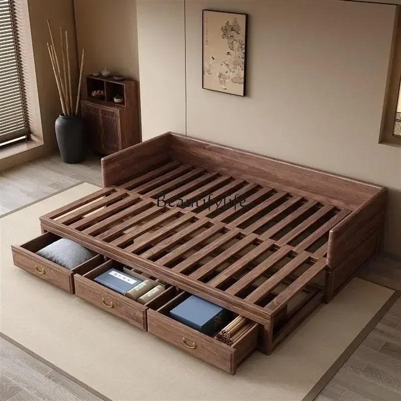 

4 Sofa bed pull-out black walnut new Chinese living room storage small table