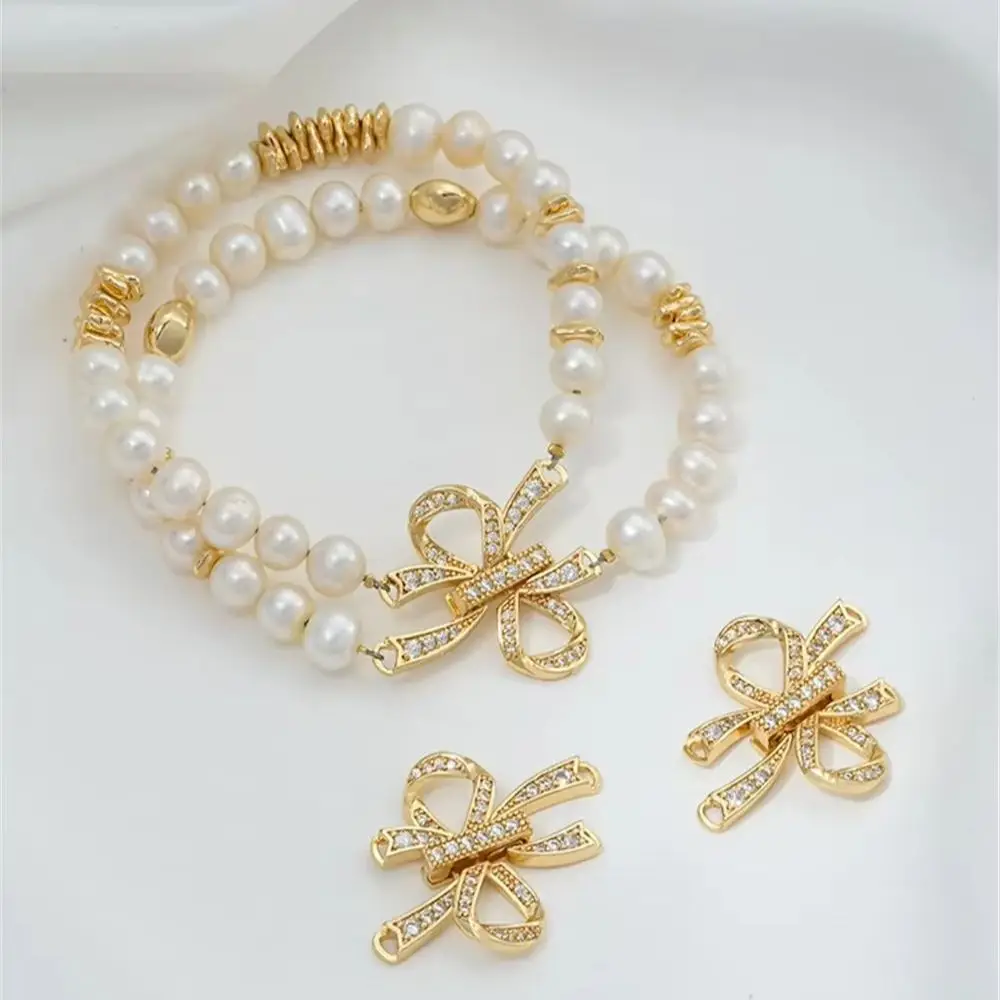 14K Gold Inlaid Zirconium Satin Ribbon Bow Double Row Pearl Buckle DIY Handmade Necklace Bracelet Connecting Buckle Accessories