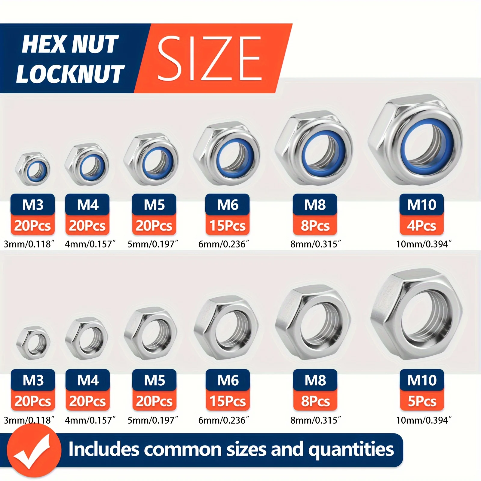 Locknuts & Hex Nuts Assortment Kit M3 M4 M5 M6 M8 M10, 175Pcs Assorted Metric Nylon Insert Lock Nuts & Hex Nut Set, Stainless S