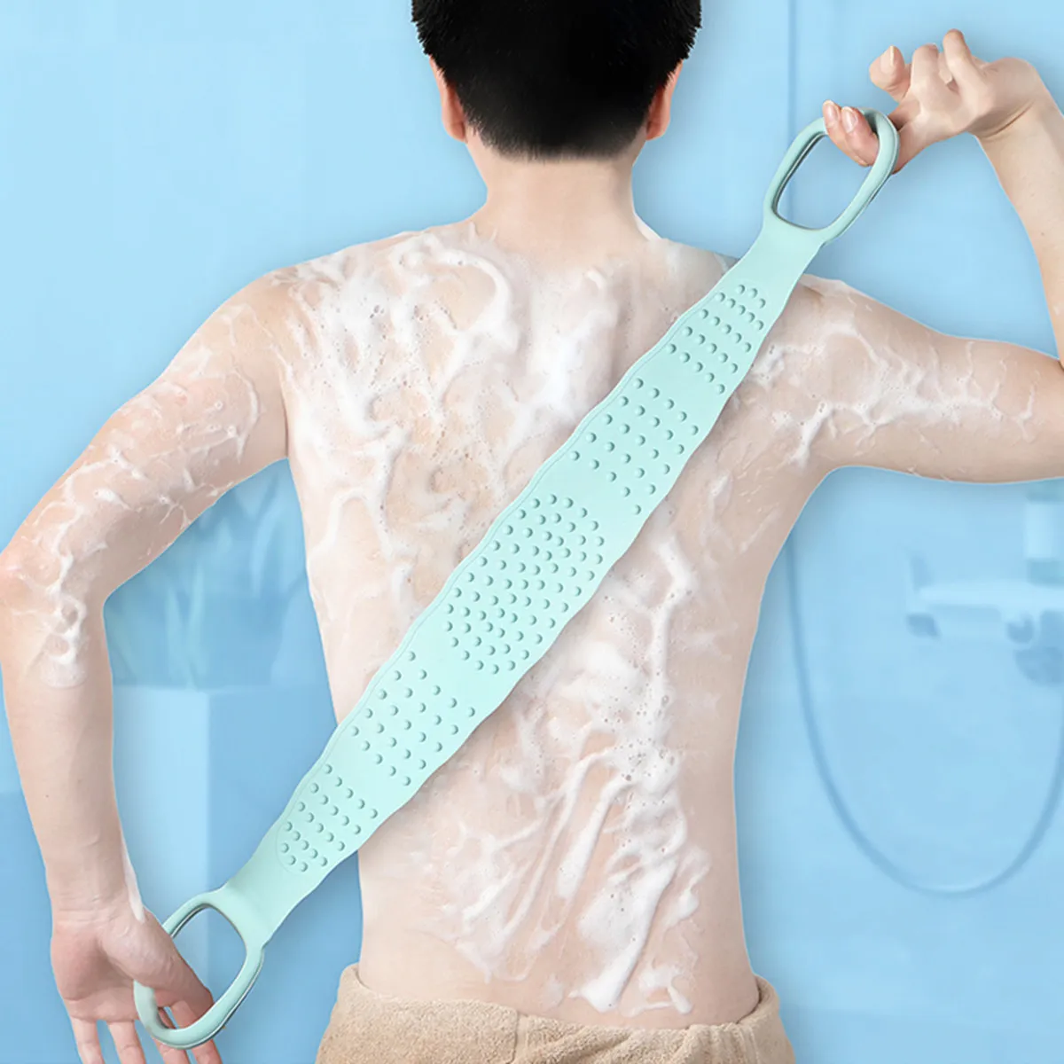 

Long Strip Silicone Bath Towel for Back Cleaning Exfoliating Body Scrubber Shower Tool with Hanging Rope Deep Cleansing Skin