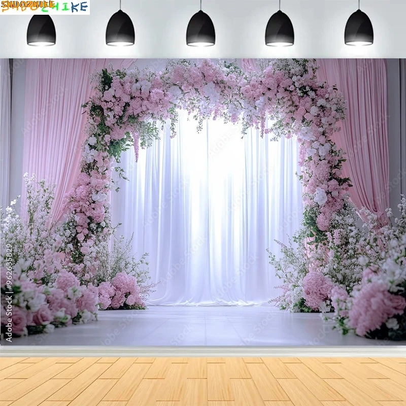 

Stage Background An Elegant Wedding Pink Floral Backdrop Dreamy Sheer Curtains And Cascading Blossoms Photo Studio Props CV-03