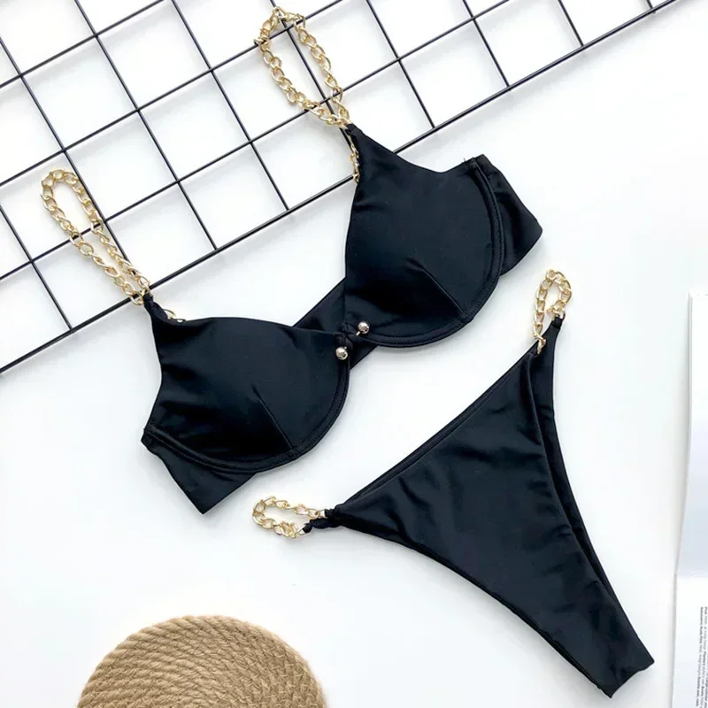 

Sexy Metal Chains String High Cut One Piece Swimsuit Women Swimwear Female Monokini Tummy Cut Out Bathing Suit Swim Beach Wear