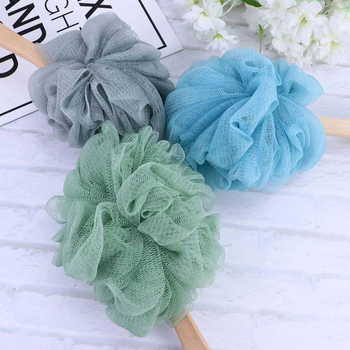3 قطع من كرات الاستحمام ذات المقبض الطويل من النايلون لتدليك الظهر أداة العناية بالبشرة الناعمة الصديقة للبيئة رمادي أزرق أخضر