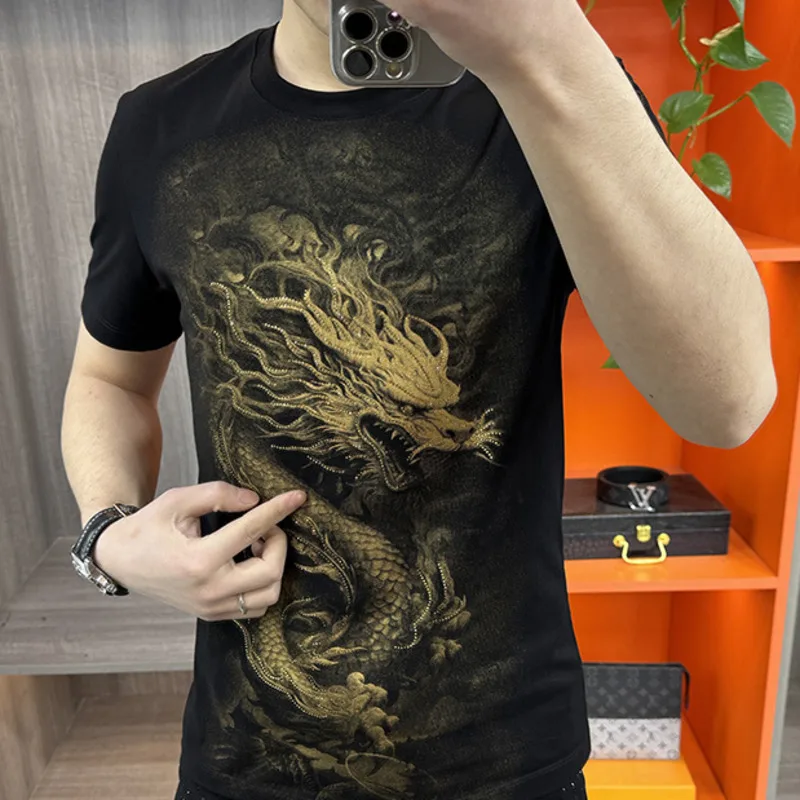 2024 Summer New Short Sleeve Trendy Brand Rhinestones Chinese Loong Men's Fashion Slim Fit Round Neck T-shirt Versatile Top