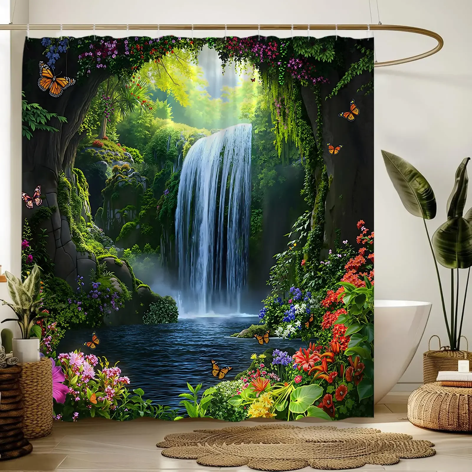 Garden Flowers Shower Curtains Nature Floral Forest Waterfall Landscape Bathroom Curtain Waterproof Fabric Home Decor With Hooks