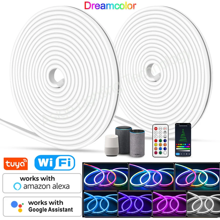 

Tuya WiFi RGBIC Led Neon Lights 12V 5M Waterproof RGB IC Full Color Led Strip For Room Bar Party Decor Lighting Work With Alexa