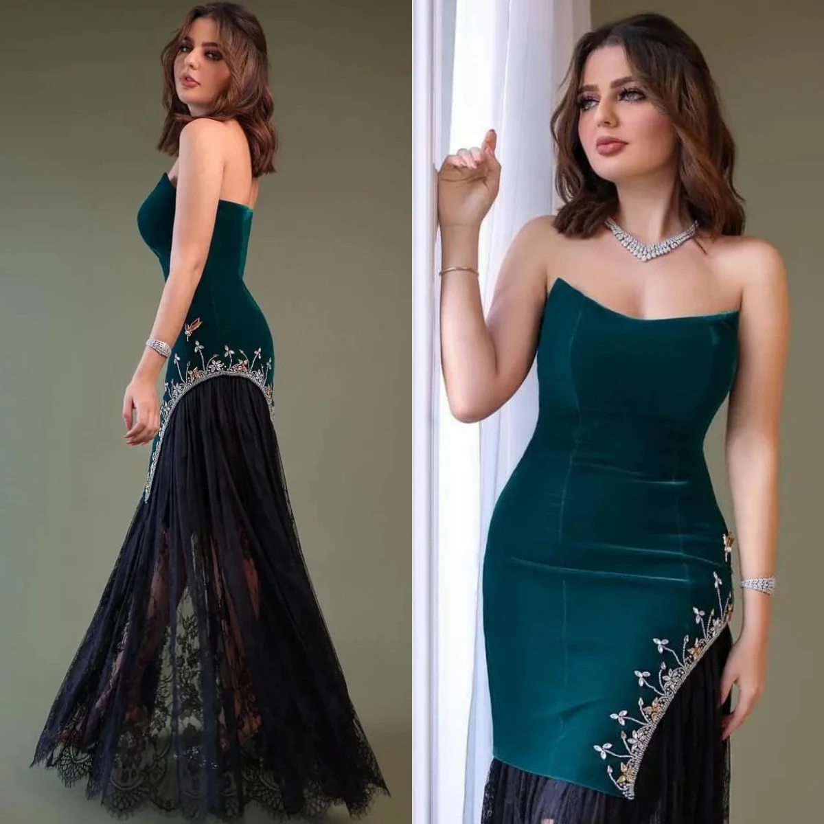 

Strapless Velet Lace Evening Dresses Mermaid Floor-Length HandBeads Sleeveless Arabia Formal Occasion Prom Dresses Party Gown