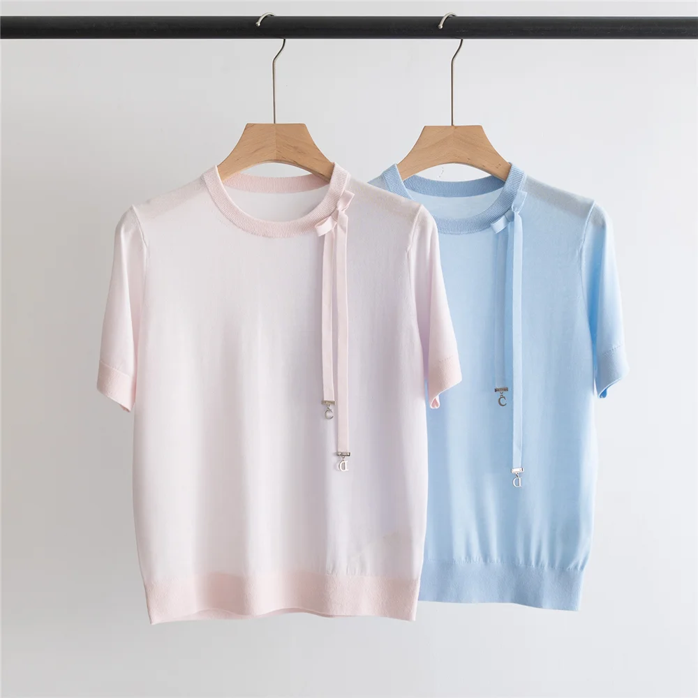 

Summer Women's Round neck lace-up sweater breathable simple slimming top