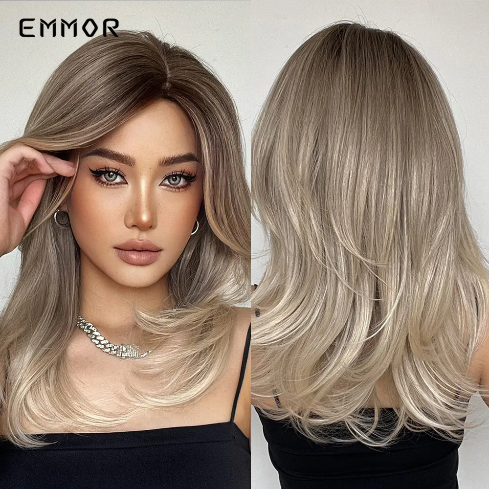 Emmor  Synthetic Long Wavy Wigs Ombre Black to Blonde Wig for Women Natural Heat Resistant Fiber Daily Cosplay Hair Wig