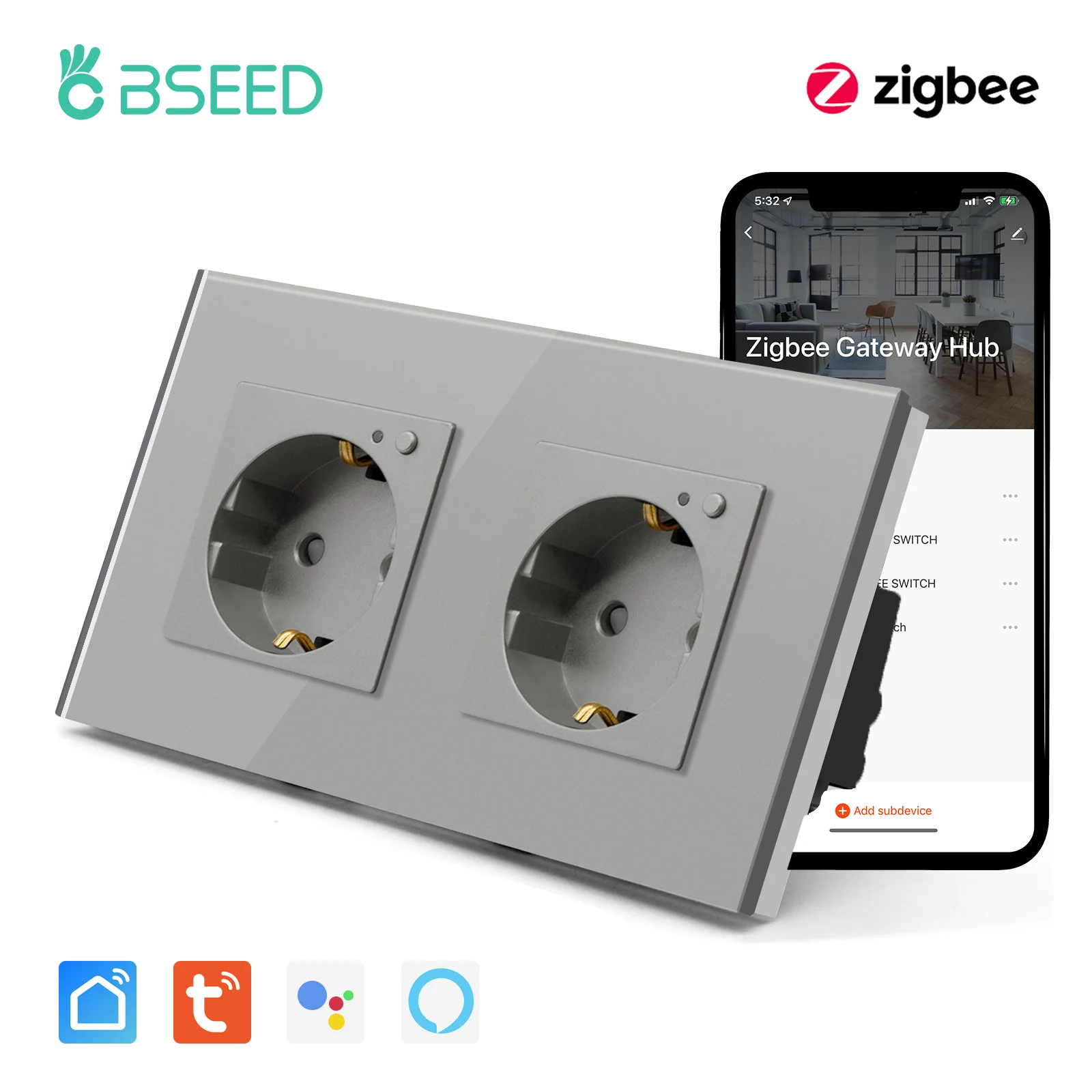 BSEED Zigbee Double Smart Sockets EU Wall Socket Wifi Power Monitoring Tuya Smart Home Google Assistant Alexa Voice Control