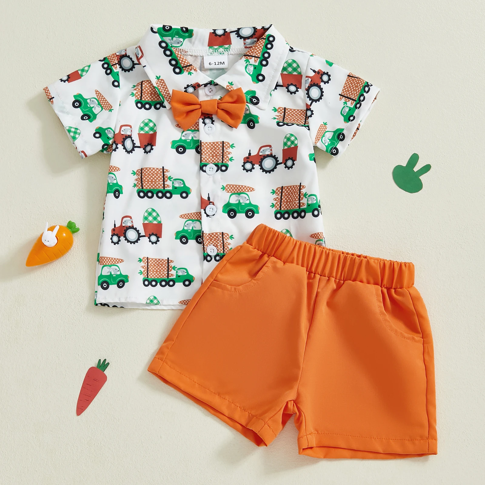 Toddler Boy Easter Shorts Set Carrot Car Print Short Sleeve Button-up Bow Tie Shirt Shorts