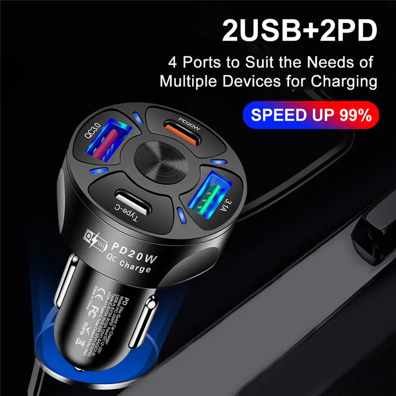 USLION 4 Ports USB Car Charge PD 20W Quick Charge QC PD 3.0 Fast Charging For iPhone 13 Xiaomi Huawei Phone Charger in Car