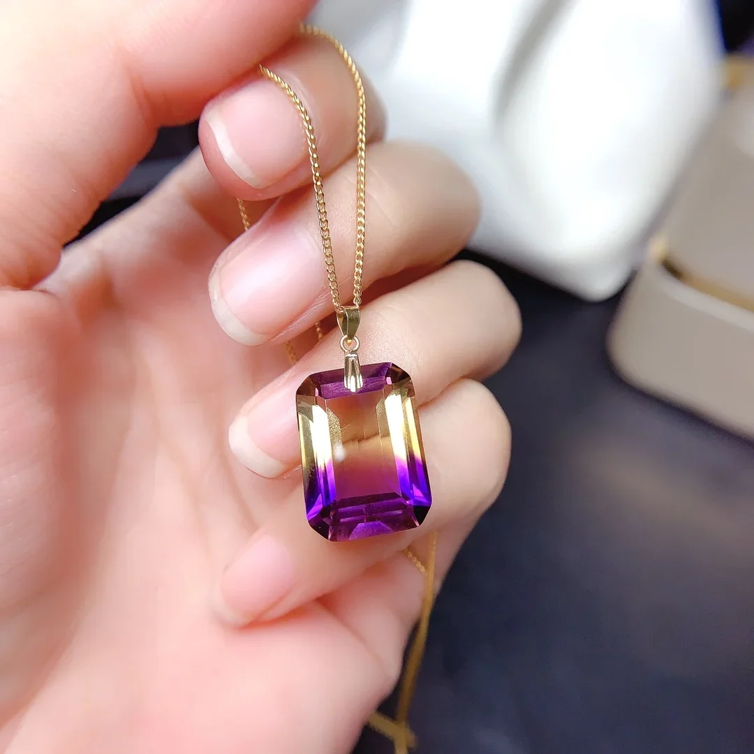 

18k Yellow Gold Natural Amethyst Pendant S925 Sterling Silver Chain Fine Jewelry