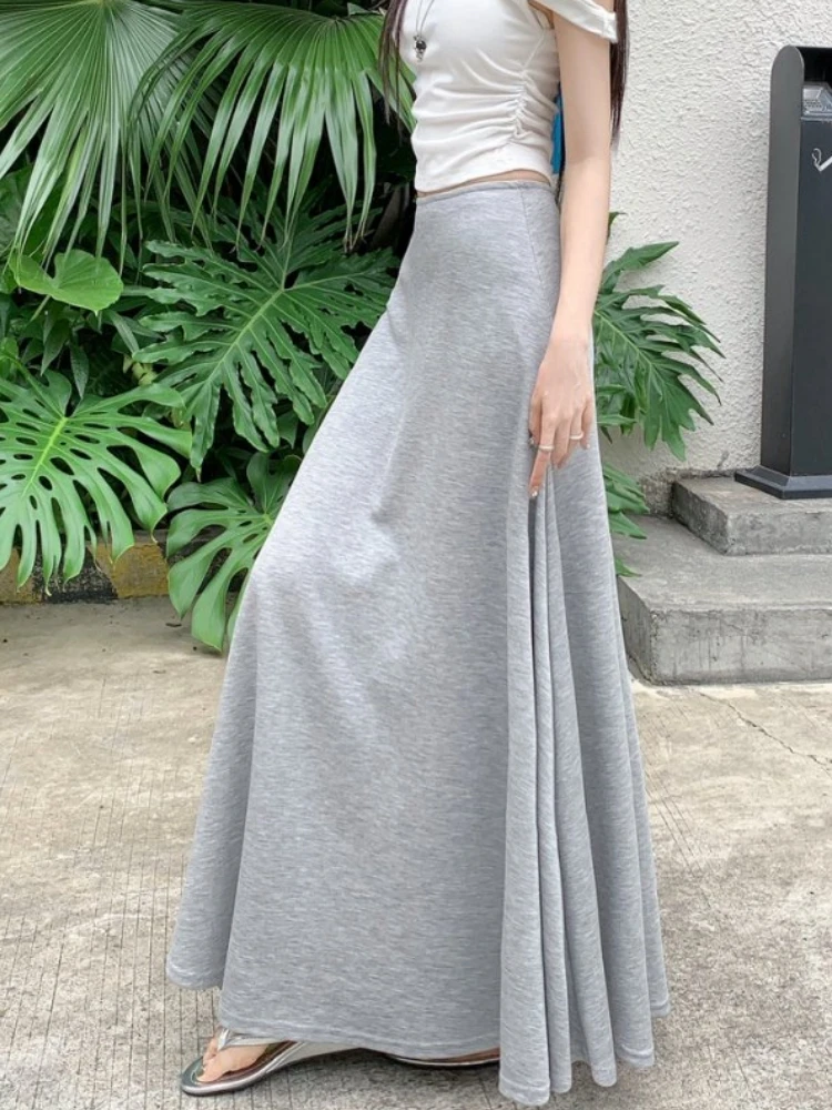 Qiukichonson Grey Black Long Skirts Womens Knitted Skirt 2025 Spring Autumn Korean Goth High Waisted Ruffle Pleated Skirts rok