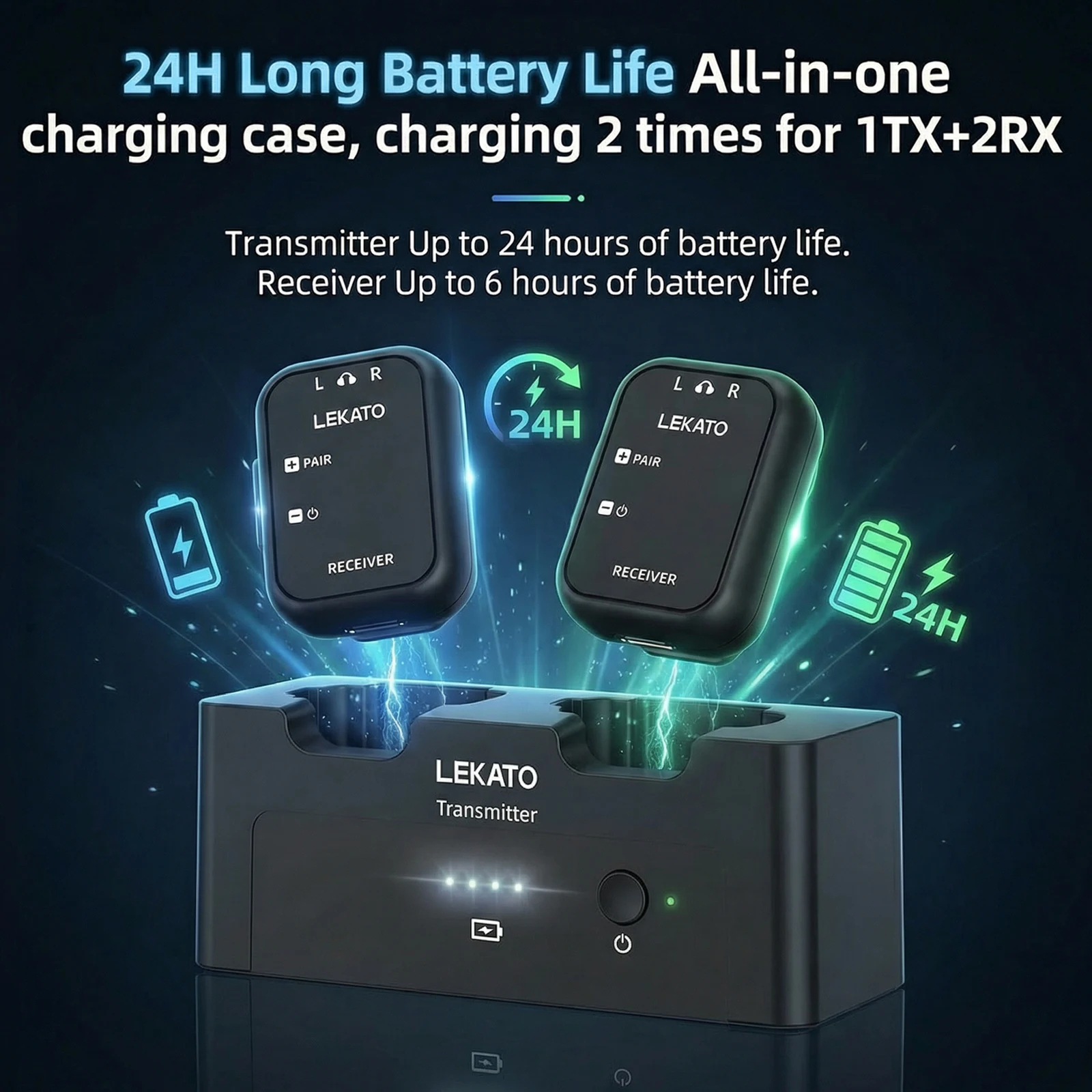 Lekato Ms-40 2.4G Wireless Earphone Monitor System with Audio Cable Charging Case Transmitter 2 Receivers with Volume Button