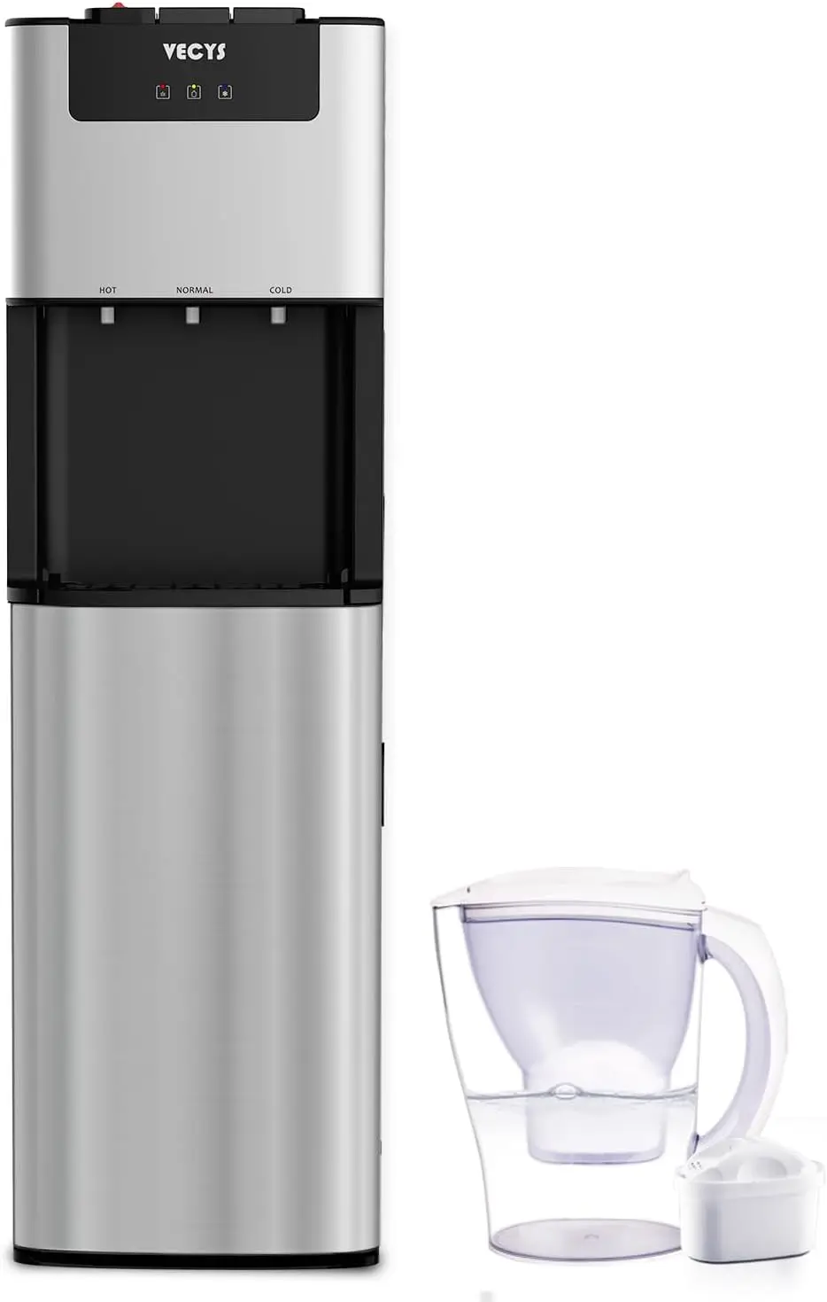 Bottom Loading Water Dispenser with Pitcher, Self-Cleaning 3-5 Gallon Water Cooler, 304 Stainless Steel Reservoirs and Intake Tube, Hot/Cold/Room Temperature, Child Safety Lock, UL/ETL Certified