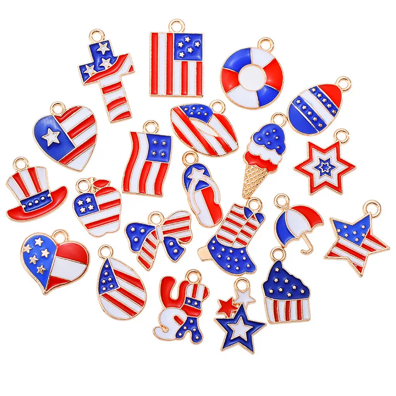 20 pcs/lot Fashion Alloy USA Flag Heart Pendant Accessories Charms for Women, Earrings/Necklace Handmade DIY Jewelry