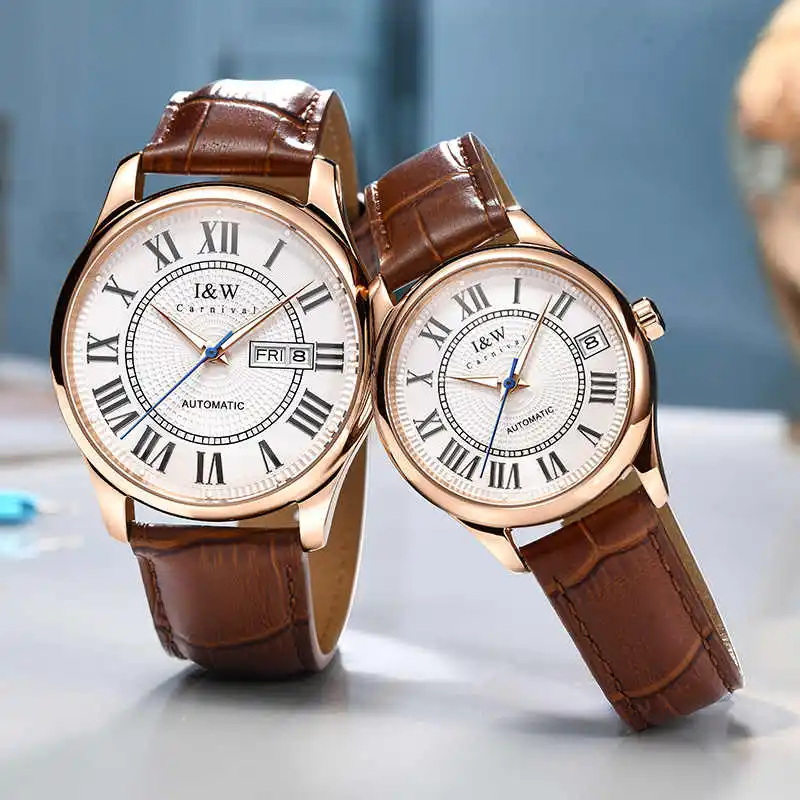 Reloj de pareja con movimiento importado de lujo de marca Carnival, reloj mecánico automático para hombres y mujeres, relojes de pulsera de zafiro a la moda