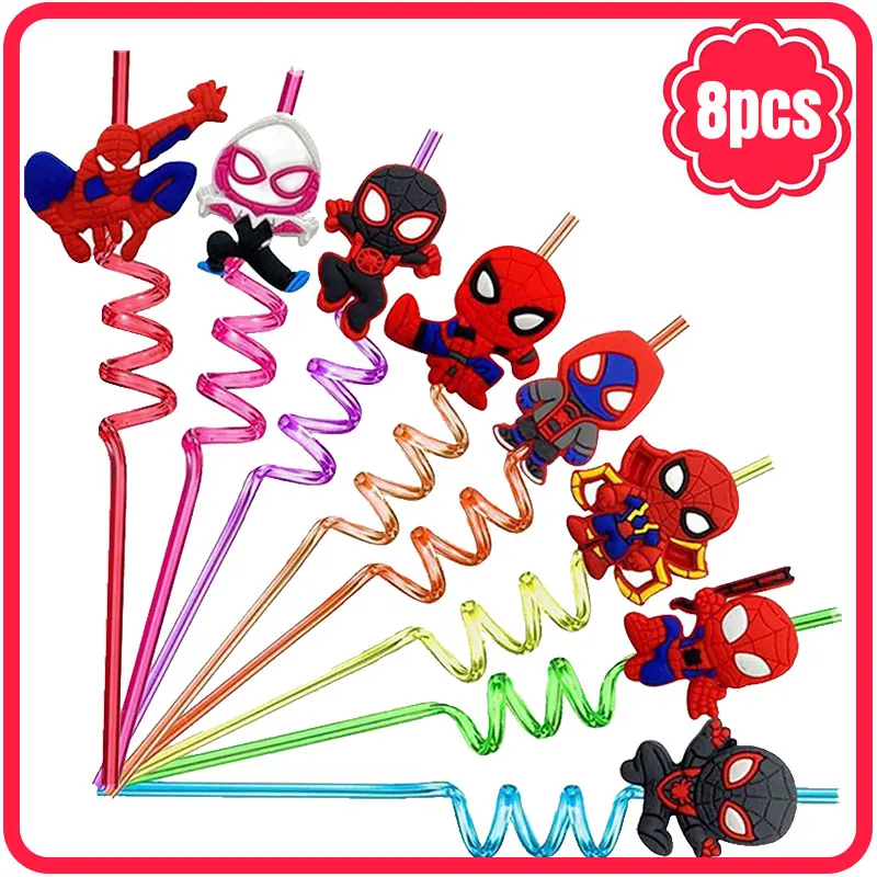 8pcs Spiderman Theme Straws Cartoon Spiderman Reusable Drinking Straws For Kids Birthday Decoration Party Supplies Baby Shower