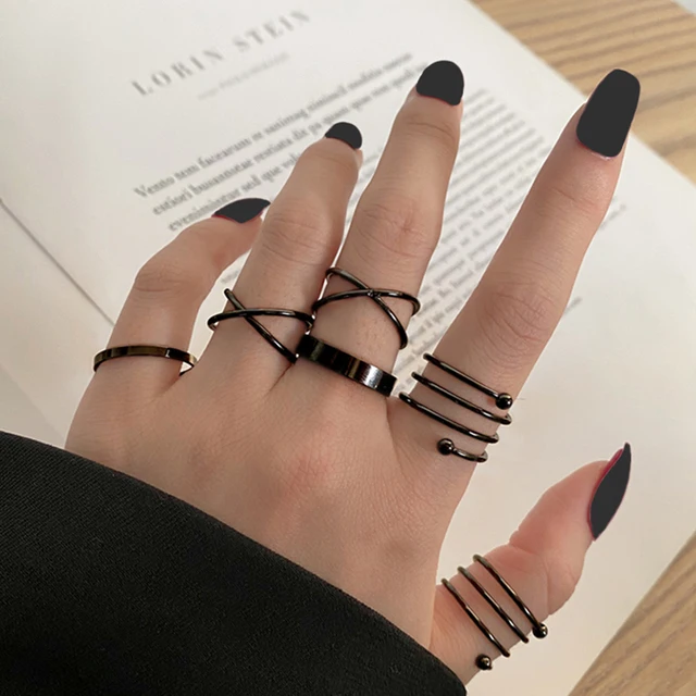 Punk Black Ring Set For Women Simplicity Sliver Hip Hop Women Vintage Chunky Knuckle  Irregular Finger Jewelry Party Gift