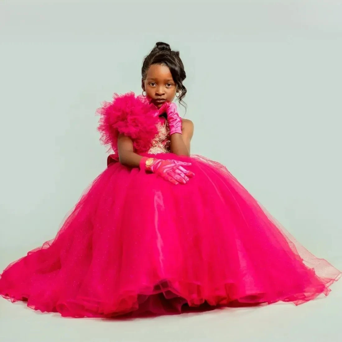 

New Red Tailored Girls Birthday Party Dresses Appliques Puffy Tulle Flower Girl Dresses Baby Kids Ball Gowns for Photo Shoot