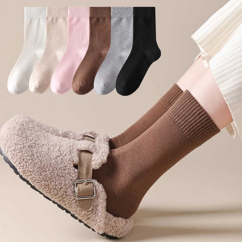 

6 пар женских шерстяных носков средней длины, мягкие однотонные носки для сна, нормальная одежда, удобные шерстяные носки-трубочки для женщин
