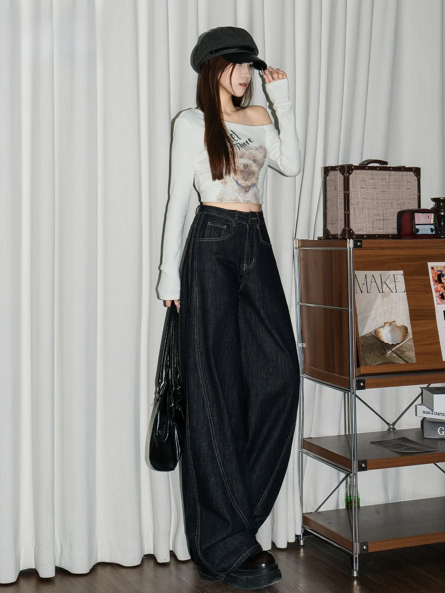 

Американские винтажные джинсы с высокой талией и широкими штанинами, женские, темно-синие, свободные, стройнящие, в пол, повседневные, весна 2026