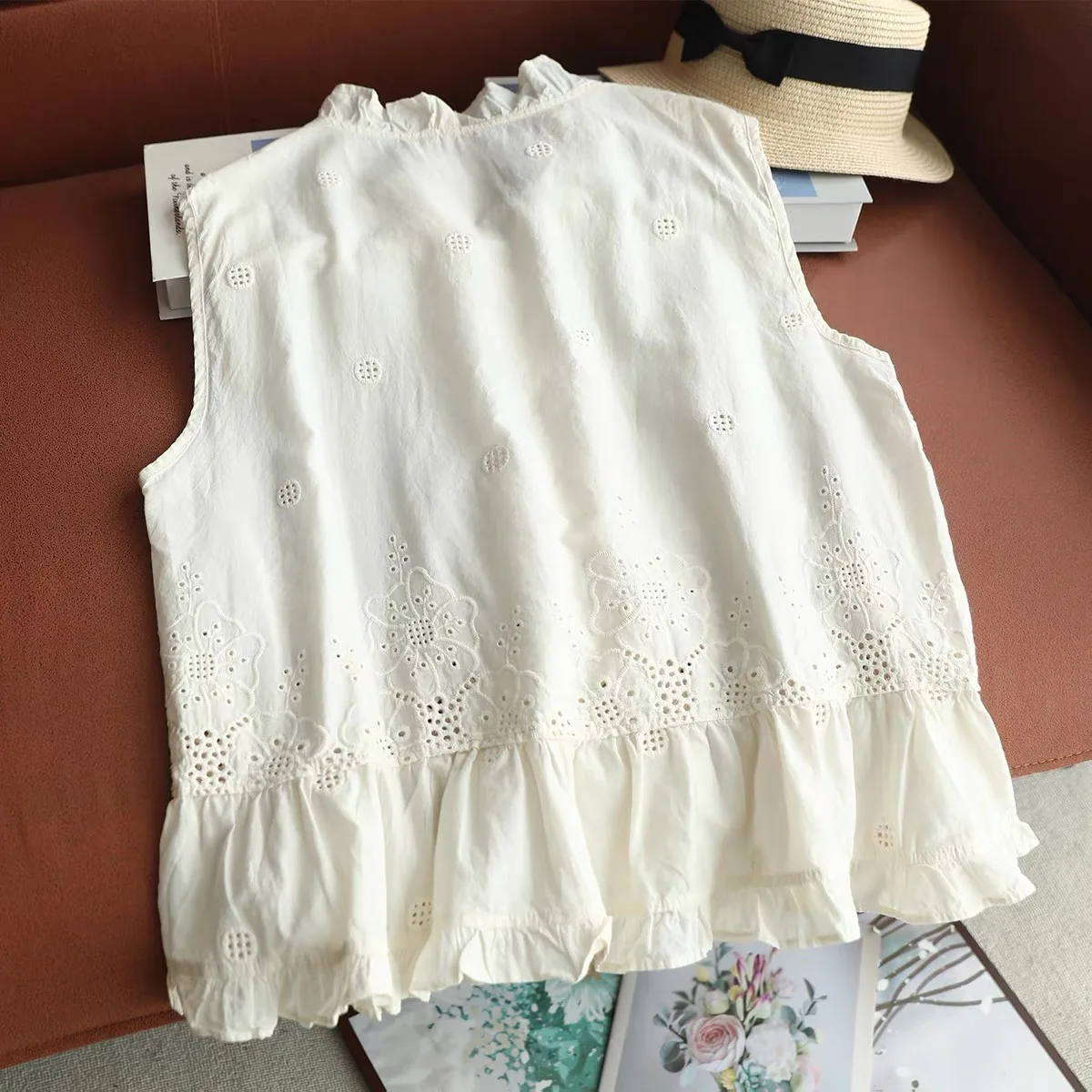 Women Sleeveless Vest Top Ruffle V Neck Blouse Hollow Eyelet Embroidery Lace Ruffle Hem Cottagecore Cotton Summer Tank Shirts view 3