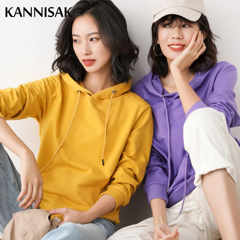 Casual Women Hoodies 2024 Spring Autumn Solid Korean Harajuku Style Hooded Hoodies Loose Cotton Solid Pullovers Couple Clothes