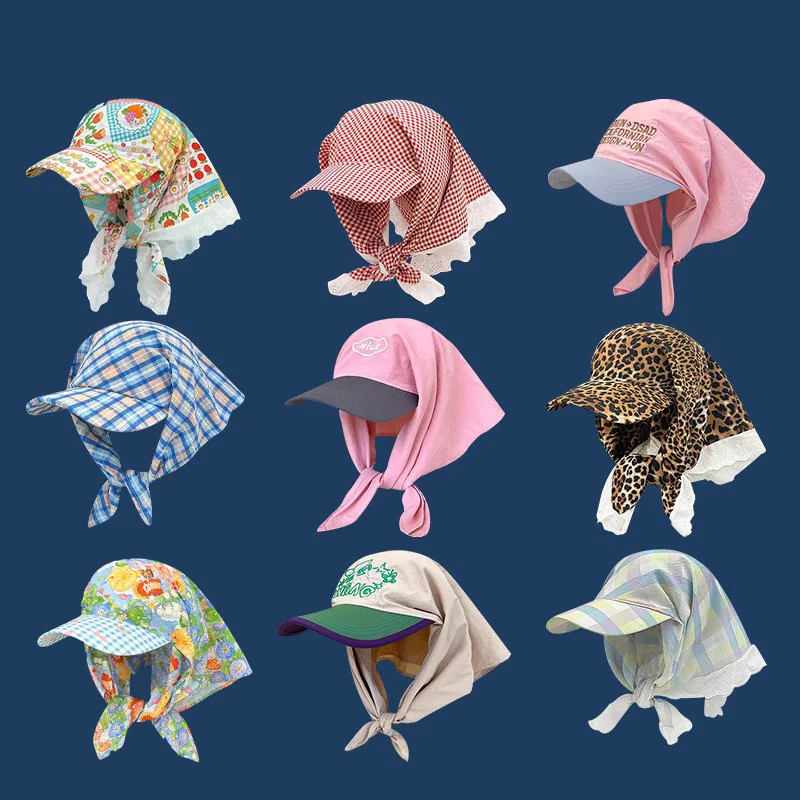 

Korean Style Headband Turban Cap for Women - Summer Sun Protection Plaid Countryside Triangle Scarf Visor