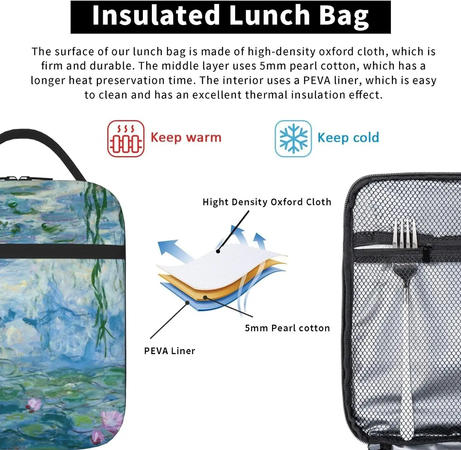 Water Lilies Floral Printed Lunch Bag With Side Pocket Lunch Box Insulated Soft Bag Thermal Meal Tote For Work Picnic image 5