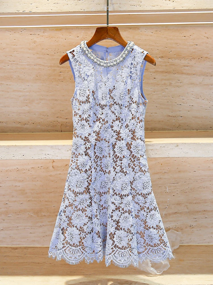 

Luxury Summer Lace Vest Dr Sparkling Diamond Embelliment Heavy Work Commute Sle High Waist ort Skirt round Ne A-Line
