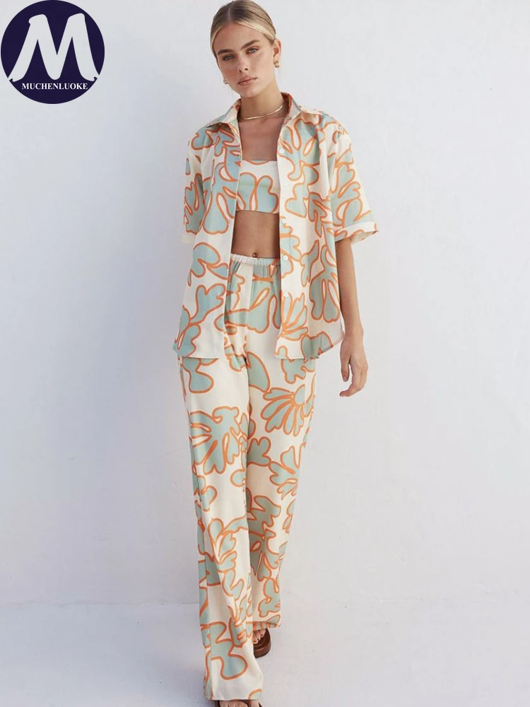 Half Sleeve Tops and Pants Set for Women, Casual Loose Suits, Wide Leg Pants, New Fashion Printing, Summer, 3 Pieces