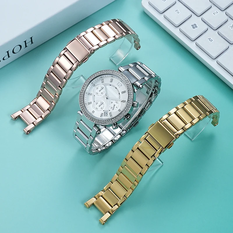 20x12mm Silver gold Notch Stainless Steel Watchband For MK Three-Eye Watch MK6985/6986 Notch Strap Metal Watch Chain with tool