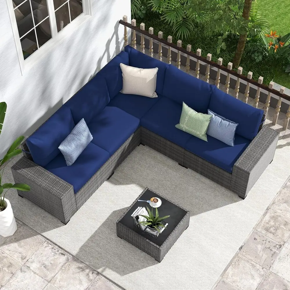 

6-Piece Navy Blue Rattan Outdoor Sectional Sofa Set with Cushions for Patio, Garden, Deck