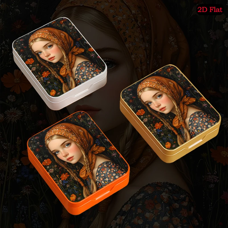 Girl with Floral Headscarf Theme Portable Mini Pocket Tin Box, UV Printed Flip Top Custom Photo Tinplate Box, Travel Storage